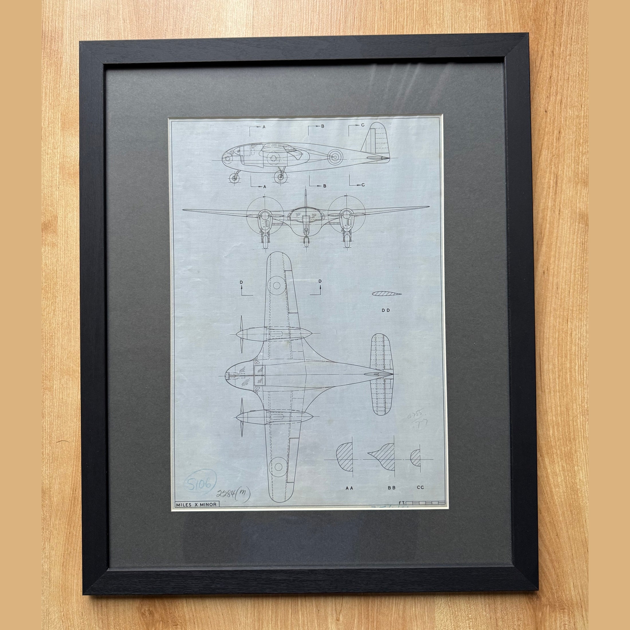 WW2 Miles m30 X Minor experimental aircraft drawing, ink on linen