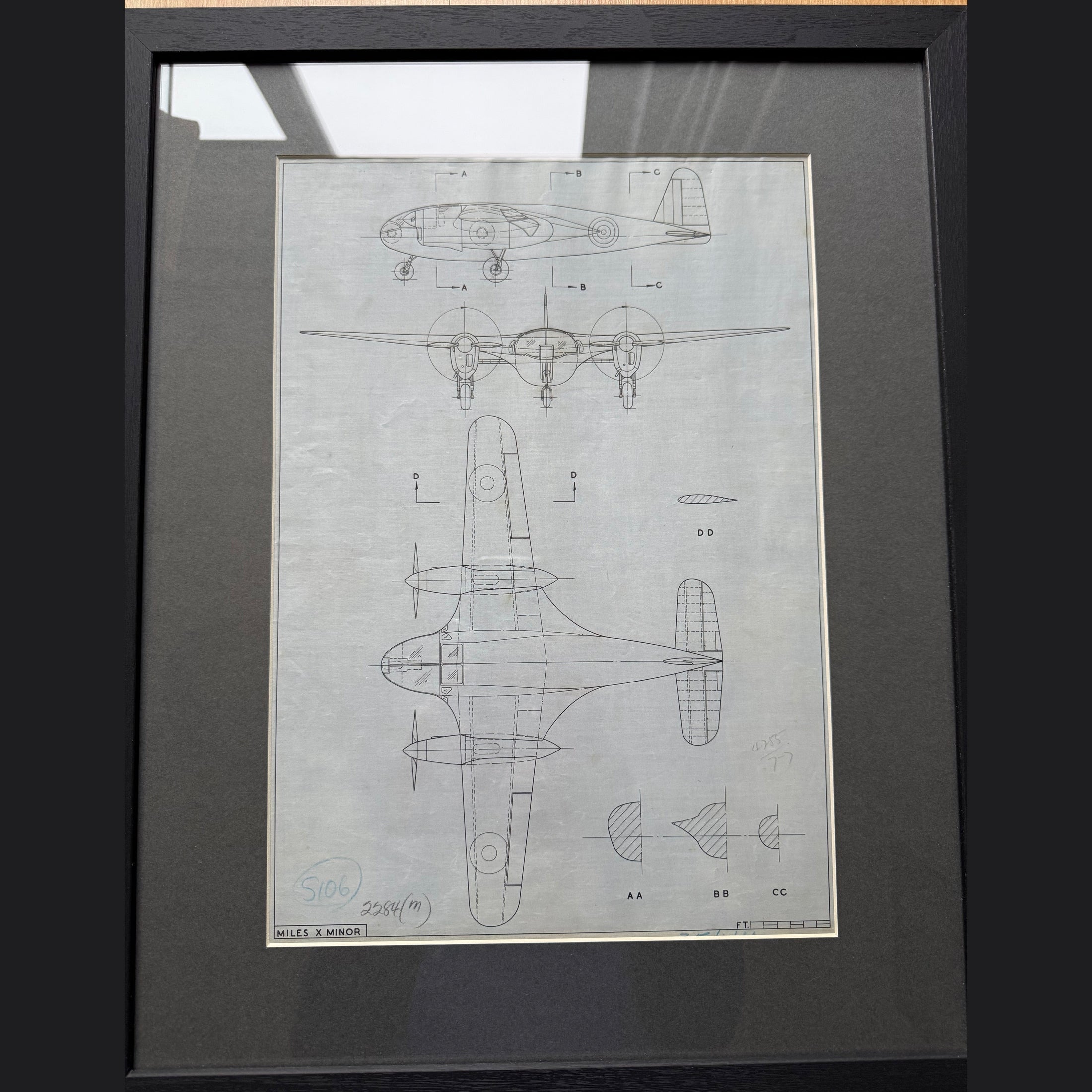 WW2 Miles m30 X Minor experimental aircraft drawing, ink on linen