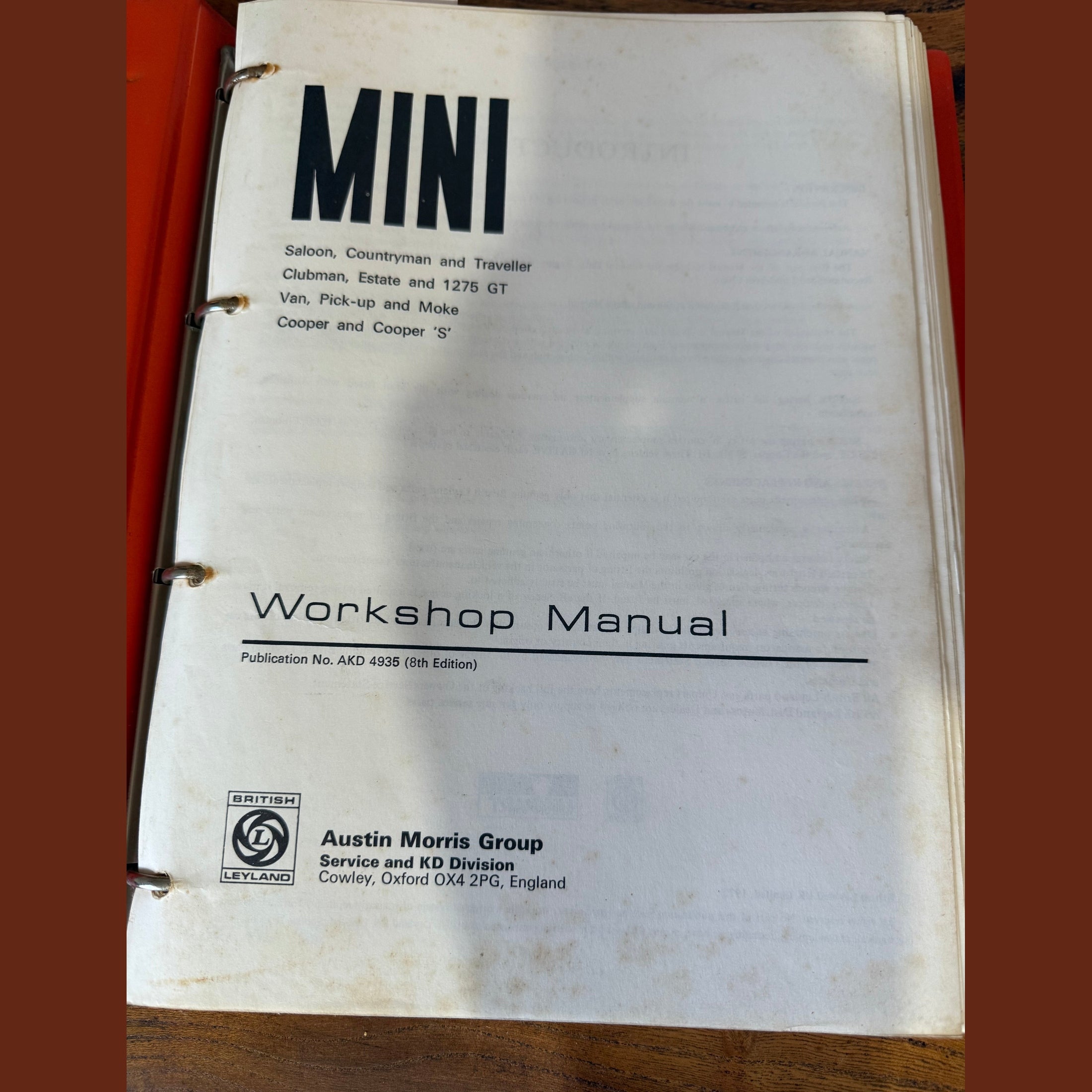 Vintage automobilia Austin Mini workshop manual.