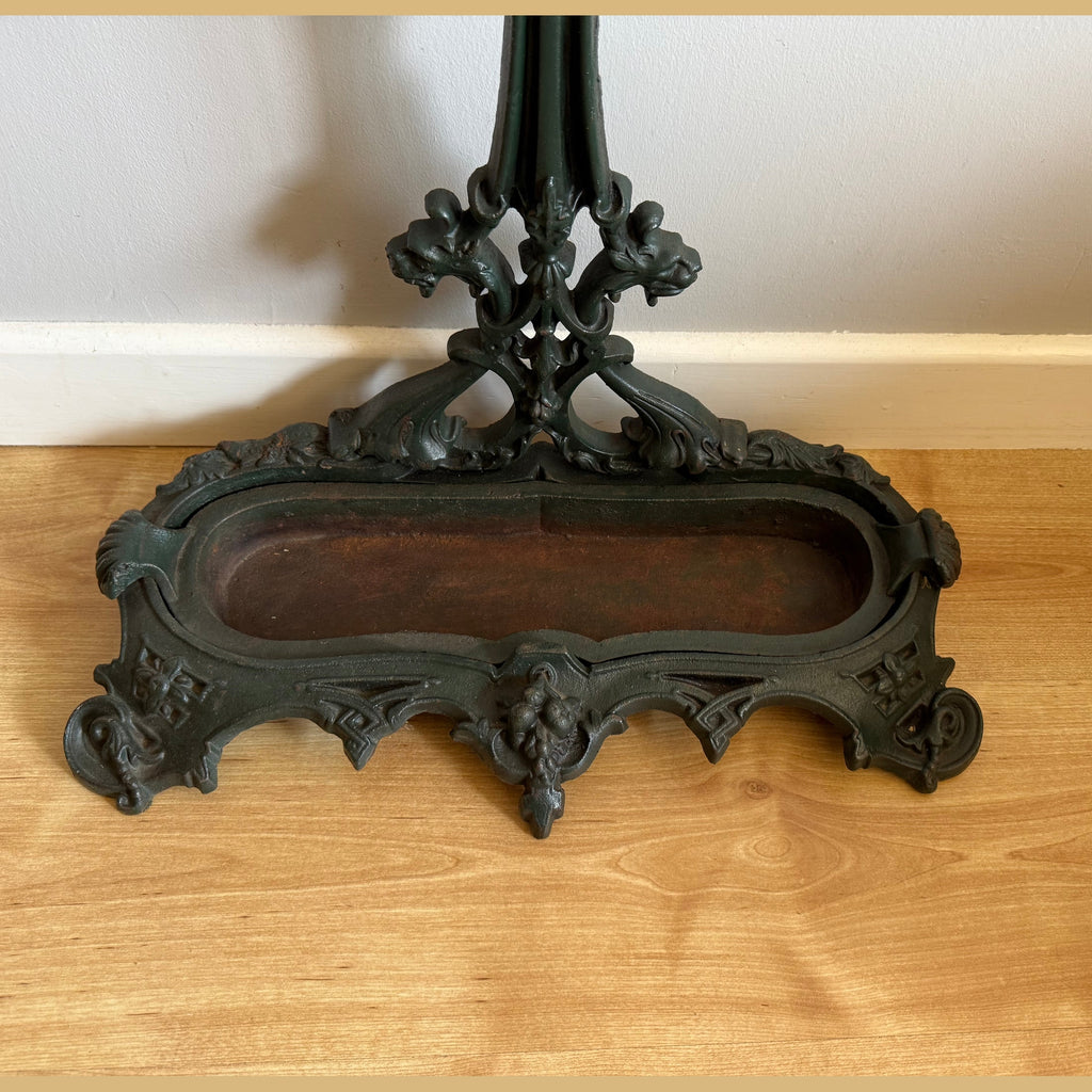 Victorian cast iron umbrella stand base oval tray animal head finials