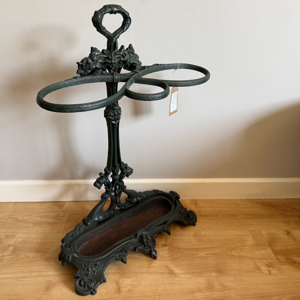 Full Coalbrookdale style cast iron stick stand three loops heart top