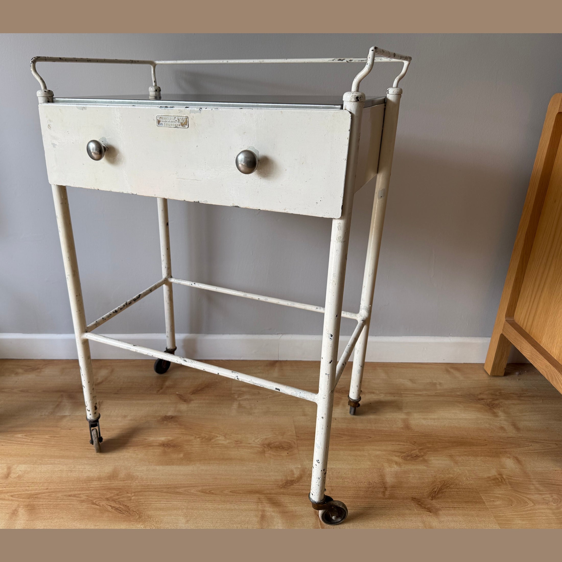 Vintage Industrial medical trolley/drinks cabinet. Made by J. Gardner and Son