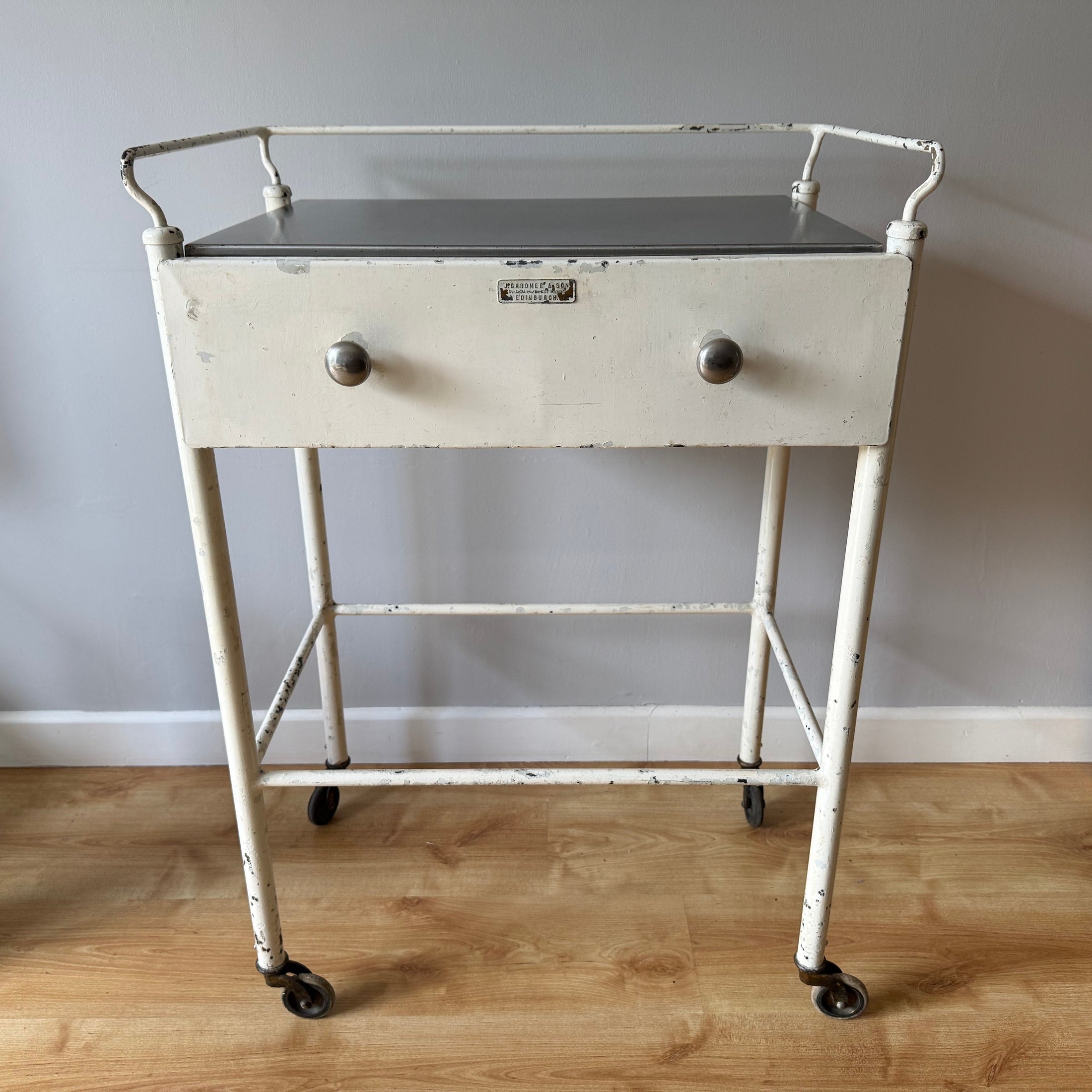 Vintage Industrial medical trolley/drinks cabinet. Made by J. Gardner and Son