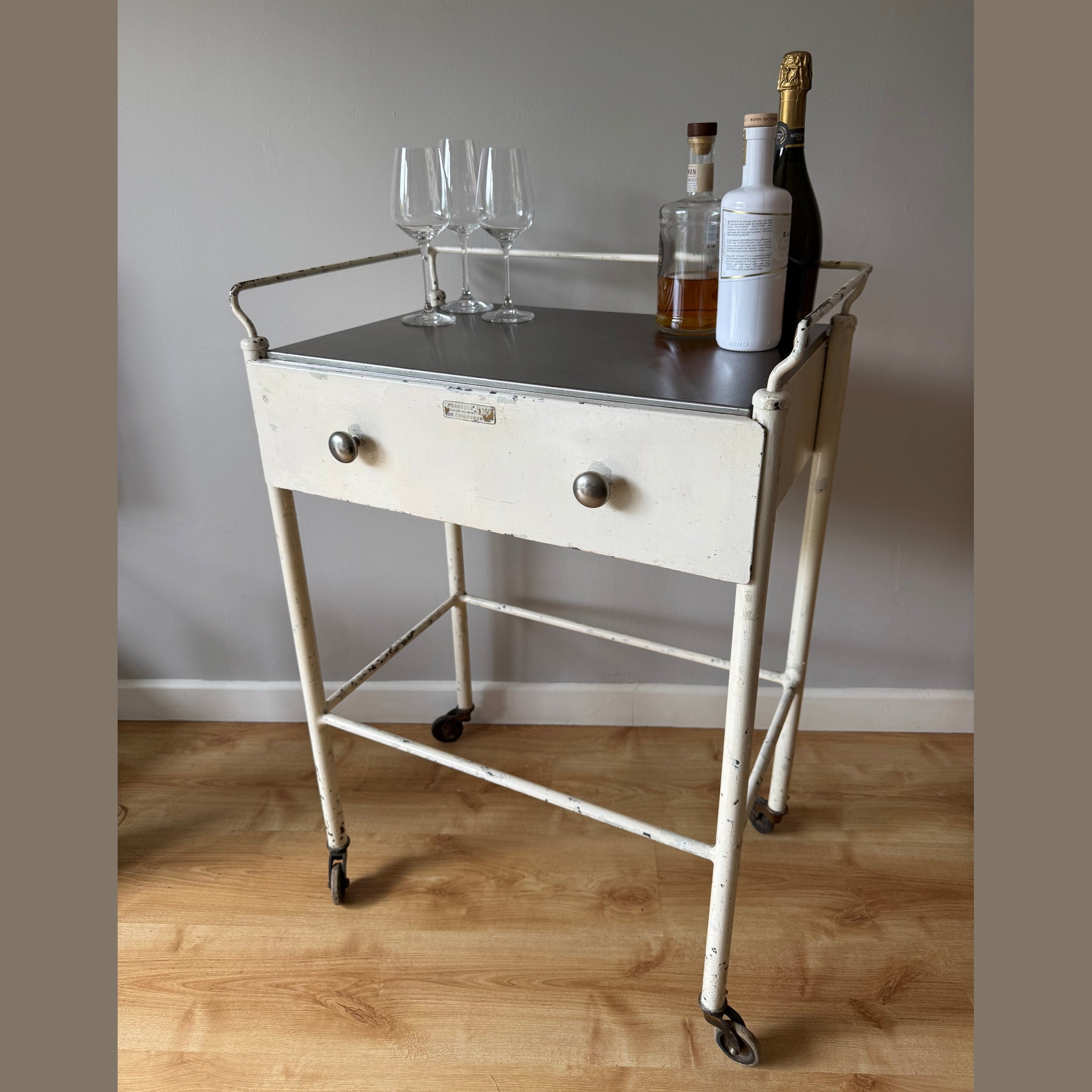 Vintage Industrial medical trolley/drinks cabinet. Made by J. Gardner and Son